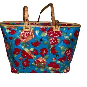 Dooney & Bourke PVC Blue, Red, Orange & Green Large Floral Garden Tote.